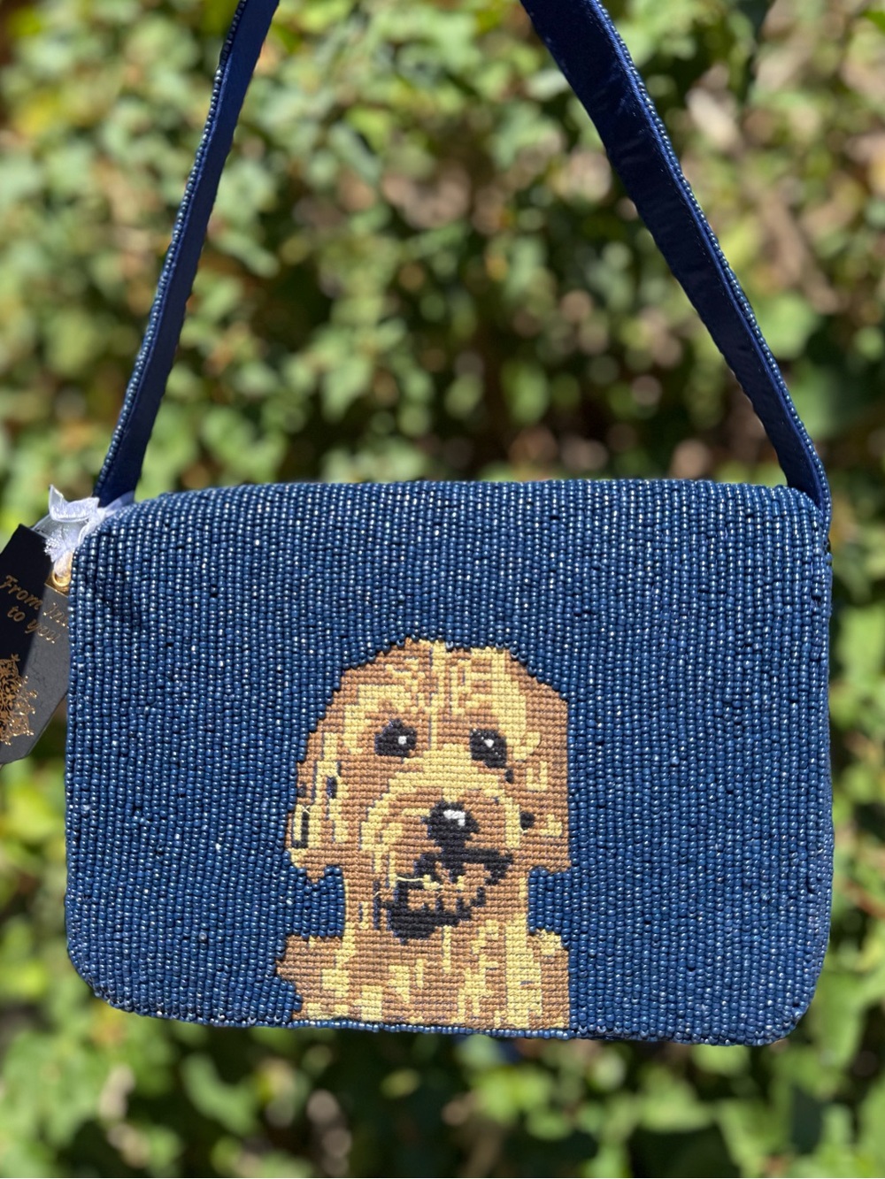 NWT Dog Golden Doodle Navy Blue Tan Beaded Shoulder Bag